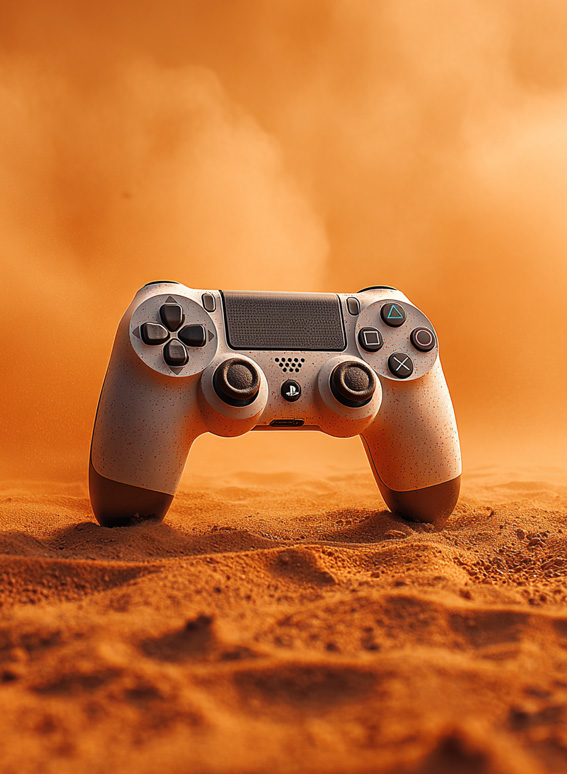 Manette de jeu posée sur du sable orange